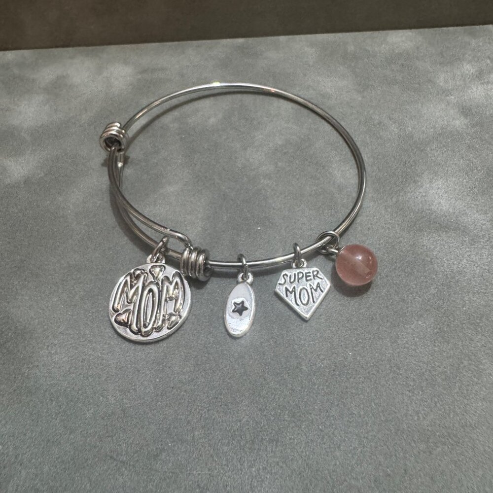 Charm Bracelet Silver Adjustable Super Mom Heart Charms Pink Glass Bead Bangle
